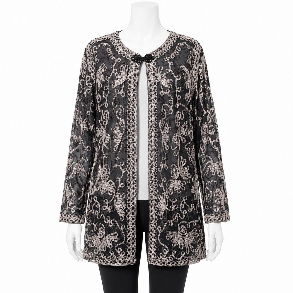 Sophie Chang Studio‎ Sheer Embellished Open Front Jacket S Metallic Embroidery